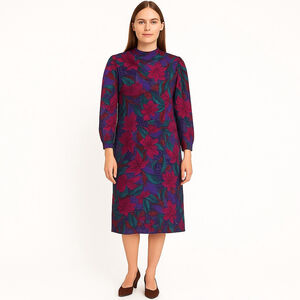 Vintage 80s Floral Midi Shift Dress Jewel Tone Silk Wool Office Day Dress, 14